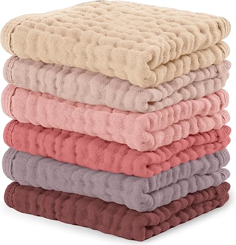 Comfy Cubs Muslin Baby Washcloths 6 Pack - Soft 6-Layer Cotton Wash Cloths for Sensitive Skin - 10"x10" Large, Gentle, Absorbent Infant Essentials for Newborn and Toddlers - Multi Girl