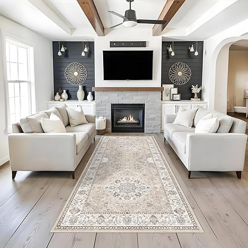 Washable 4x8 Hallway Runner Rug: Vintage 8ft Soft Runners for Entry Kitchen Wide Non Slip Low Pile Carpet for Living Room Bedroom Thin Water Resistant Carpet for Bathroom Dining Room Foyer(Beige,4x8)