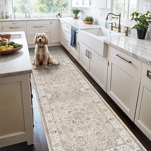 Washable 3x12 Hallway Runner Rug: Vintage Non Slip Soft Rug for Entryway Kitchen Living Room Low-Pile Water Resistant Carpet for Bathroom Nursery Thin Floor Mat for Bedroom Dining Room(Beige,3x12)