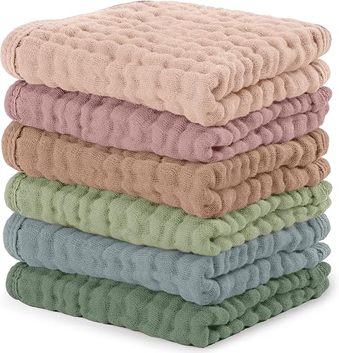 Comfy Cubs Muslin Baby Washcloths 6 Pack - Soft 6-Layer Cotton Wash Cloths for Sensitive Skin - 10"x10" Large, Gentle, Absorbent Infant Essentials for Newborn and Toddlers - Multicolor